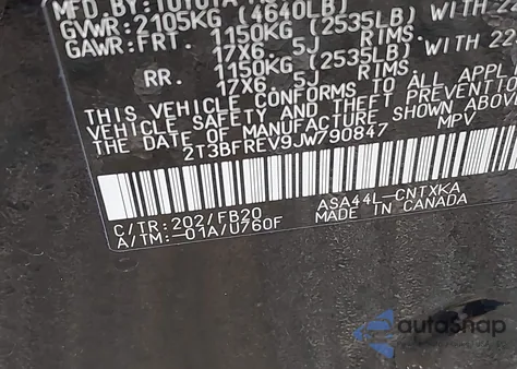 2018 Toyota Rav4 Le z USA, uszkodzony, nr VIN 2T3BFREV9JW790847